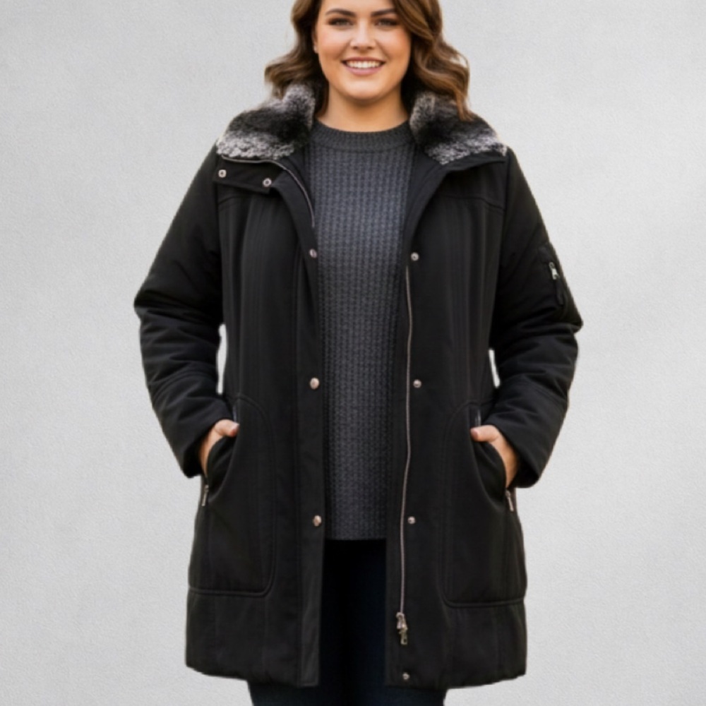 Croft & Barrow Black Faux Fur Collar Winter Coat  1X Warm Puffer Jacket Pockets